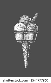 Vector hand drawn illustration of  ice cream scoop in vintage engraved style. Isolated on black background. 