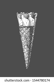 Vector hand drawn illustration of ice cream cone in vintage engraved style. Isolated on black background. 