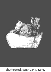 Vector hand drawn illustration of Ice Cream served in ceramic bowl. In vintage engraved style. 