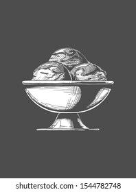 Vector hand drawn illustration of Ice Cream served in steel bowl. In vintage engraved style. 