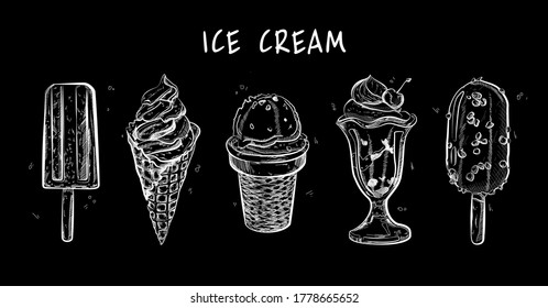 Vector hand drawn illustration of Ice cream set in vintage engraved style. isolated on black background.