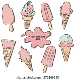Vector hand drawn illustration. Ice cream sticker. Pink dream. Delicious food, dessert.