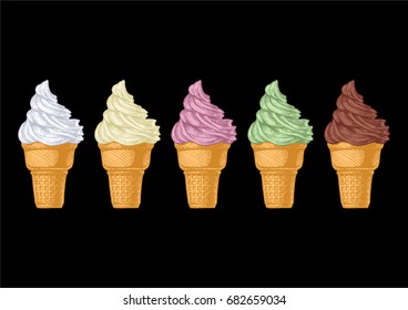 Vector hand drawn illustration of Ice cream cones set in vintage engraved style. isolated on black background.