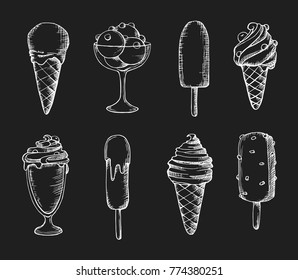 Vector hand drawn illustration of Ice cream cones set in vintage engraved style. isolated on white background.