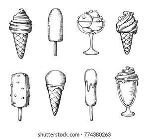 Vector hand drawn illustration of Ice cream cones set in vintage engraved style. isolated on white background.