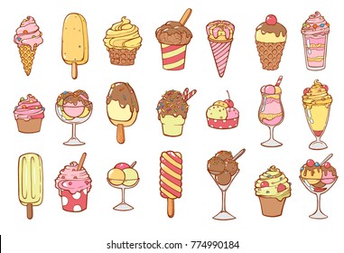 Vector hand drawn illustration of Ice cream cones set in vintage engraved style. isolated on white background.