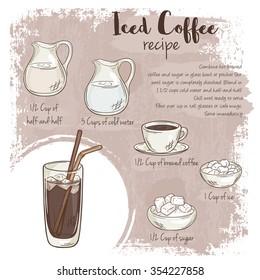 vector hand drawn illustration of iced coffee recipe with list of ingredients