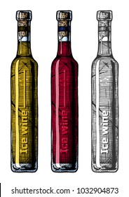 Vector hand drawn illustration of icewine, type of dessert wine in vintage engraved style. Color and black-and-white versions. 