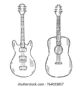 Vector hand drawn illustration. Icon guitar set.  Isolated on white background.