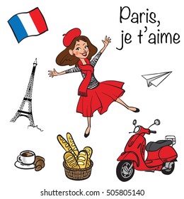 Vector hand drawn illustration iconset with Paris symbols. Funny cartoon french girl dancing in Paris.Paris je T'aime - I love Paris