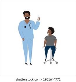 Vector hand drawn illustration of immunization vaccination concept. Indian, south asian doctor with syringe and happy black or latino boy child receiving the vaccine.