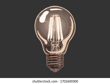 Vector hand drawn illustration of incandescent light bulb in vintage engraved style. Isolated on black background.  