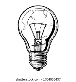 Vector hand drawn illustration of incandescent light bulb in vintage engraved style. Isolated on white background.