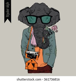 Vector hand drawn illustration with Indian elephant dressed in hipster fashion style.