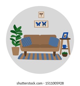 Vector hand drawn illustration with interior for living room. Modern furniture is located in the room. Concept of modern interior design