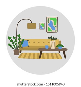 Vector hand drawn illustration with interior for living room. Modern furniture is located in the room. Concept of modern interior design