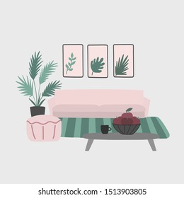 Vector hand drawn illustration with interior for living room. Modern furniture is located in the room. Concept of modern interior design