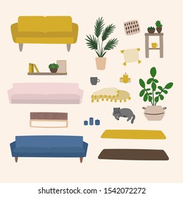 Vector hand drawn illustration with interior for living room. Modern furniture illustration isolated on white background. Collection of different furniture to create a living room interior. Eco style 
