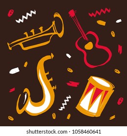 Vector hand drawn illustration for international jazz day with music instruments. Saxophone, guitar, drum and trumpet red and yellow on brown background