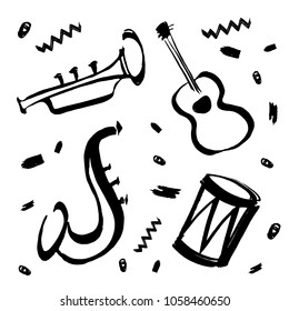 Vector hand drawn illustration for international jazz day with music instruments. Saxophone, guitar, drum and trumpet black on white background