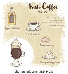 vector hand drawn illustration of irish coffee recipe with list of ingredients
