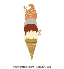 Vector hand drawn illustration, isolated object. Big yummy ice cream in a waffle cone with many balls. For an ice cream party or greeting card. For business identity and branding.