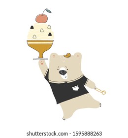 Vector hand drawn illustration, isolated object. Little cute polar bear with ice cream. For an ice-cream party or greeting card. For business identity and branding, for cafe and shops.