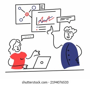 Vector hand drawn illustration isolated on white background.  Colleagues discussing business ideas in office. Two coloured line style.