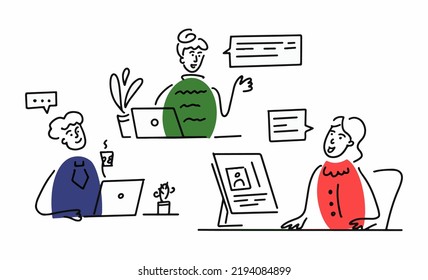 Ilustración dibujada a mano por vectores aislada en fondo blanco. Empleados hablando de un nuevo horario en la reunión de negocios.
