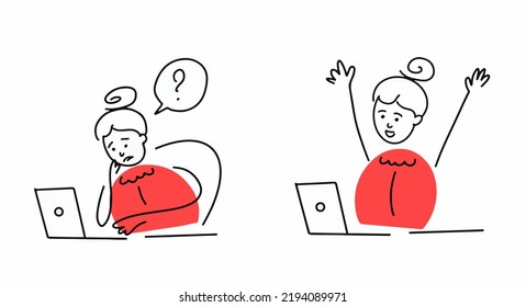 Ilustración dibujada a mano por vectores aislada en fondo blanco. Antes y después. Mujer en problemas haciendo la tarea y luego finalmente obtenerla.