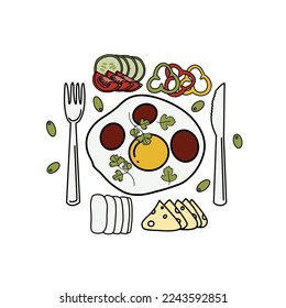 Vector hand drawn illustration isolated on white background. Tasty healthy breakfast with eggs, vegetables, cheese.