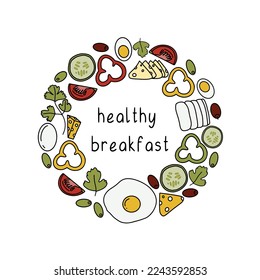 Vector hand drawn illustration isolated on white background. Tasty healthy breakfast with eggs, vegetables, cheese.