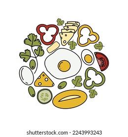 Vector hand drawn illustration isolated on white background. Tasty healthy breakfast with eggs, vegetables, cheese and bread.