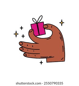 vector hand drawn illustration isolated enlarged human palm holds small pink gift box on white background