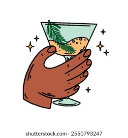 vector hand drawn illustration isolated enlarged human palm holds glass of martini champagne cocktail drink with pine twig with festive mood on white background