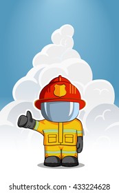 Vector hand drawn illustration. Isolated character firefighter in protective suit stands and raises his finger up. Smoke on a blue background