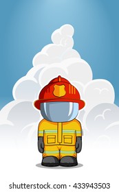Vector hand drawn illustration. Isolated character firefighter in protective suit stands. Smoke on a blue background