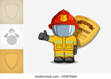 Vector hand drawn illustration. Isolated character firefighter in protective suit stands and raises his finger up. Smoke on a blue background