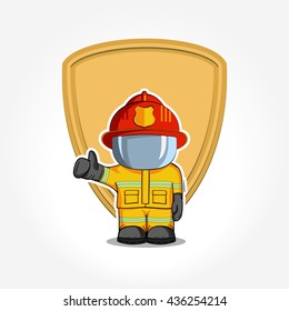 Vector hand drawn illustration. Isolated character firefighter in protective suit stands and raises his finger up. Smoke on a blue background