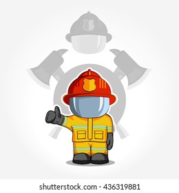 Vector hand drawn illustration. Isolated character firefighter in protective suit stands and raises his finger up. Smoke on a blue background