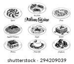 Vector hand drawn illustration with italian food. Sketch. 
