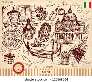 Vector hand drawn illustration with Italian symbols