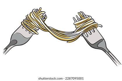 vector hand drawn illustration of italian cuisine. yummy pasta on spoons (carbonara, spaghetti bolognese, pasta penne arrabiata, fusilli pasta bolognese). 