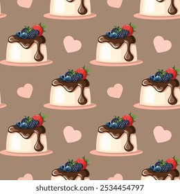 Vector hand drawn illustration of  an italian dessert Panna cotta, seamless pattern