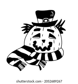 Vector hand drawn illustration of a Jack O lantern with a hat and striped scarf. Black color.  Great for Halloween design.