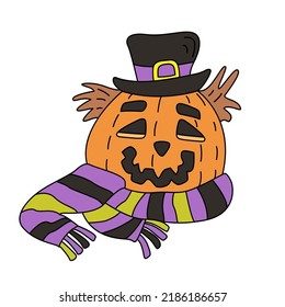 Vektorhandgezeichnete Illustration eines Jack O Laternen Kürbis mit einem Hut und gestreiftem Schal. Ideal für Halloween-Design.	