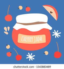 Vector hand drawn illustration of jam bank with berries and snowflakes. For the design of postcards, posters, gift wrapping.