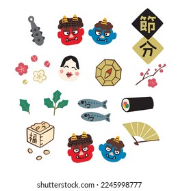 Vector hand drawn illustration of Japanese traditional event Setsubun, color icon set