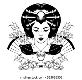 Vector hand drawn illustration of Japanese with cup of tea. Portrait of young woman in traditional attire. Creative artwork about tea ceremony. Template for card poster banner print for t-shirt.