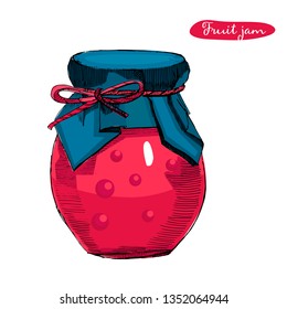Vector hand drawn Illustration with jar full of fruit jam,isolated on the white background. Sketch can for jam.Cartoon style.